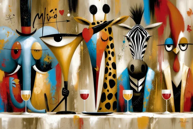 John Joseb Art (Glas) 120x80 | Gekke grappige dieren aan tafel, wijn drinken, humor, Joan Miro stijl, abstract, kunst, dier, zebra, olifant, giraffe, kip, haan, rood, bruin, blauw, modern | Foto-schilderij-glasschilderij-acrylglas-acrylaat Acrylglas, dikte 5 mm