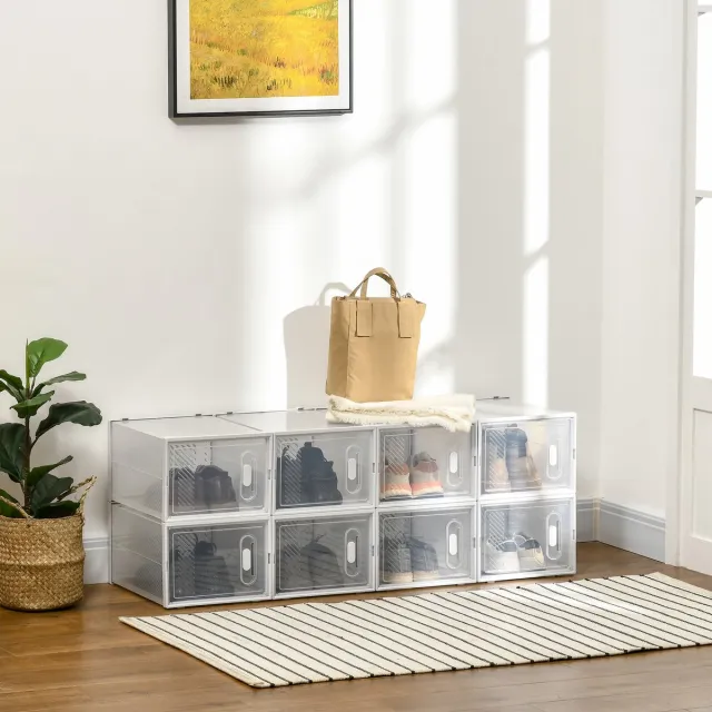 ECTEATOY Schoenendoos - Schoenenbox Transparant - Schoenenkast met 8 opbergvakken - Opvouwbaar - 28 x 36 x 21 cm Wit