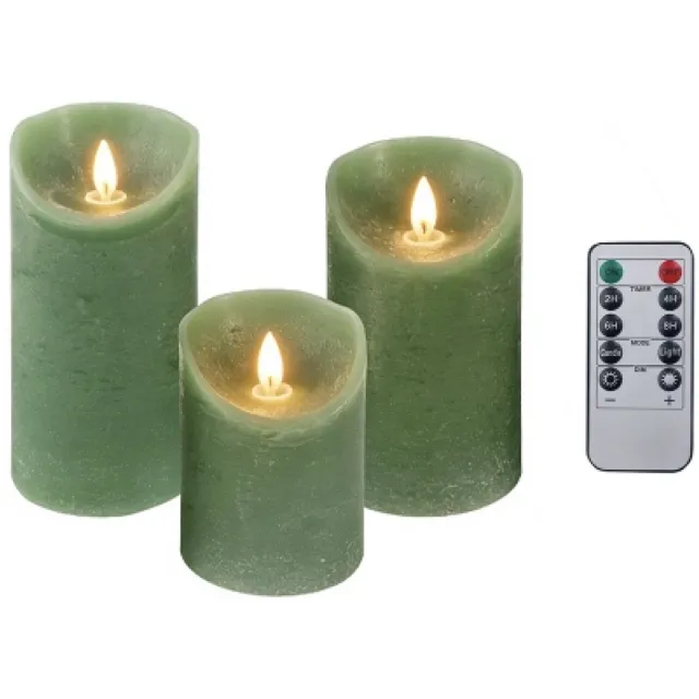 Foryouliving LED kaarsen met bewegende vlam 3x - Groen - Green - Afstandsbediening - Stompkaars rustiek wax - LED kaars batterij - Timer - 7.5 x 10 12.5 15 cm