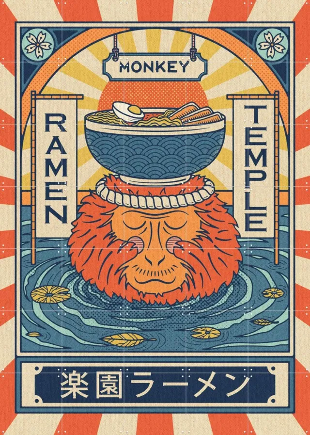IXXI Ramen Temple Monkey, Ryan Ragnini - 100 x 140 cm - Grote wanddecoratie en posters - Illustraties, Vintage, Grafisch Ontwerp, Kleurrijk, Pop art Rood
