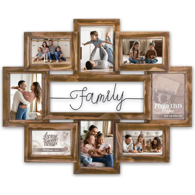Zep Houten Multi Fotolijst Chieri bruin met metalen tekst Family voor foto's 4x 10x15 en 4x 13x18 (afmeting 68x56 cm) - UT832