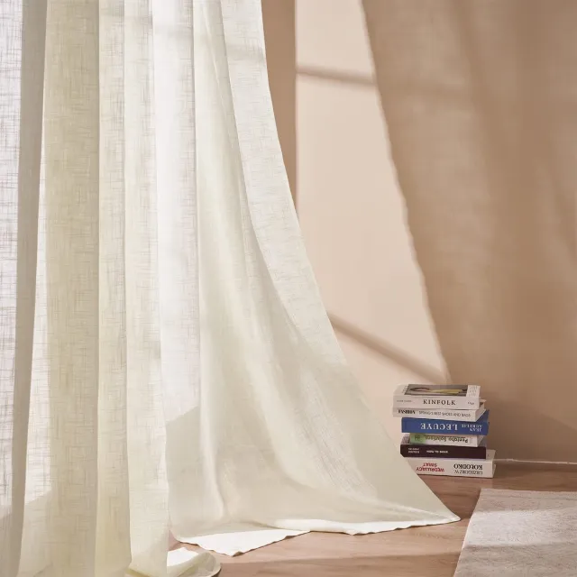 Ibenzoa Gordijnset van 2 met Oogjes, Halve Transparant, Linnenlook, Polyester, 140x225cm Lichtbeige