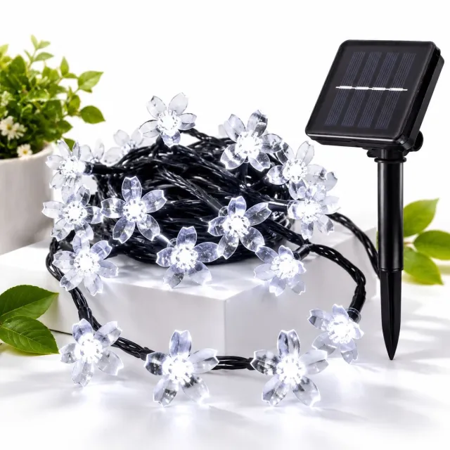 VHV Lichtsnoer buiten - Buitenverlichting Lichtslinger - Tuinverlichting op zonneenergie - Kersenbloesem solar lamp - 7 m 50 LED koud wit - Waterdicht