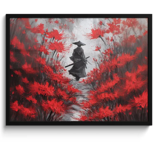 FrameYourWall Poster in lijst - Fotolijst 70x50 cm - Posters - Rode bloemen - mistig - Man - Posterlijst zwart - Decoratie - Wanddecoratie woonkamer - Muurdecoratie slaapkamer