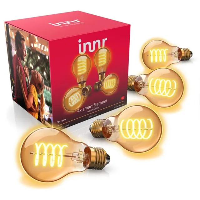 innr E27 filament lamp - geschikt voor Philips Hue - Zigbee - LED smart bulb - warmwit licht - slimme verlichting - dimbaar - 550 lumen - 4 pack