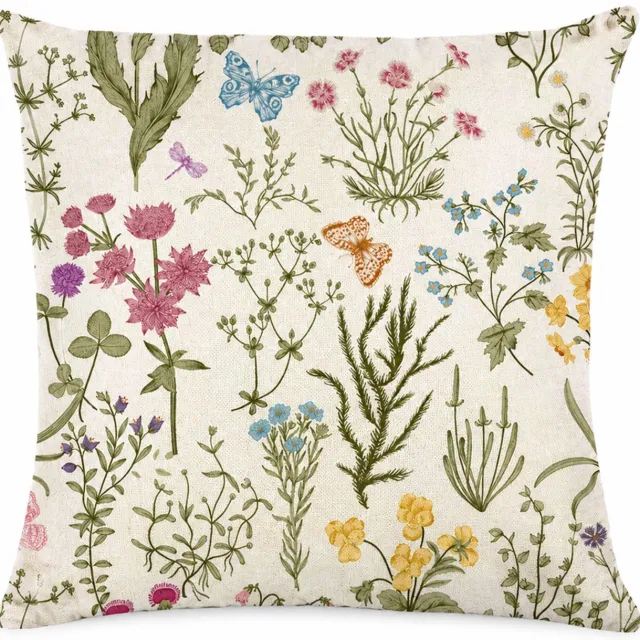 SWGOTA Kussenhoes 45 x 45 cm met bloemen- en vlinderprint, polyester, vierkant, voor de bank, zonder binnenkussen Beige