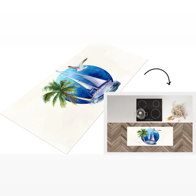 KitchenYeah Keukenloper - Loper keuken - Zeilboot - Vogel - Palmboom - Zee - Keukenloper vinyl Multicolor