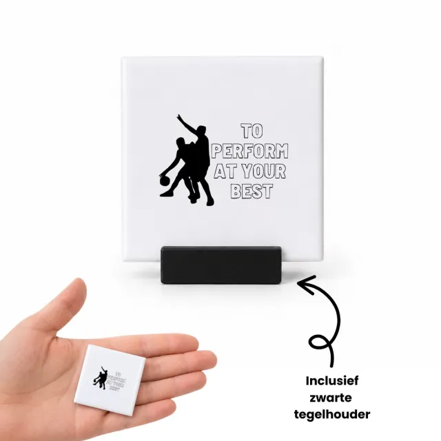 Hacebo Op je best presteren tegeltje met tegelhouder - Sport - familie vrienden sporters - tegeltjes met tekst - cadeau - spreuktegels - 4.8x4.8 CM Wit