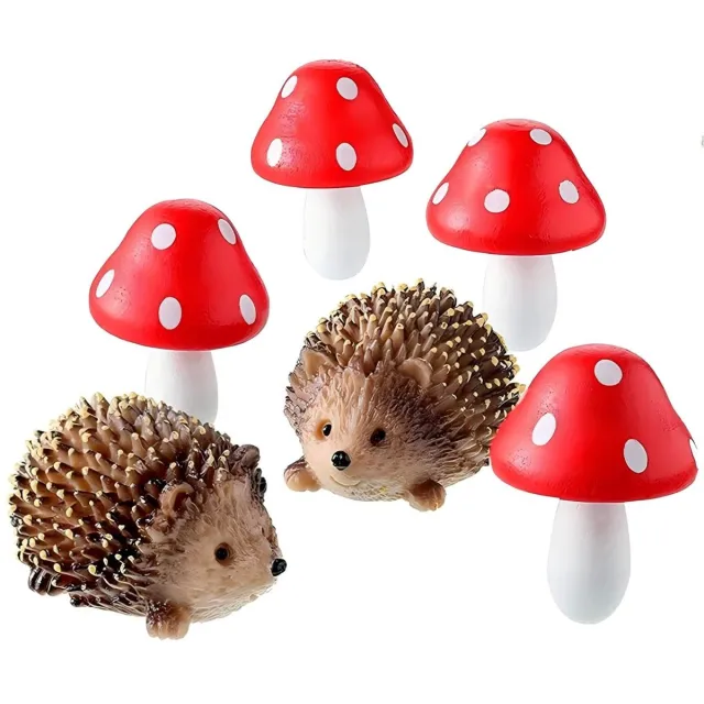 PZCC Mini Tuindecoratie Set met Egels en Paddenstoelen – 6 Stuks Hars Beeldjes voor Fairy Garden, Terrarium, Bloempot, Miniatuur Tuin Decoratie en Plant Accessoires Rood