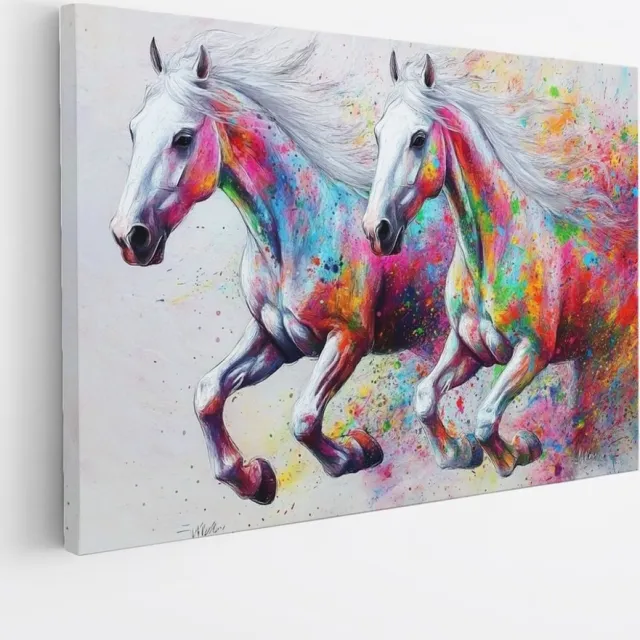 Saammp Canvas Schilderij - 2 Kleurrijke abstracte paarden - Dieren - Natuur - 120x80 - Foto op canvas - Wanddecoratie - muurdecoratie Woonkamer - Slaapkamer decoratie - Canvas Print Multicolor
