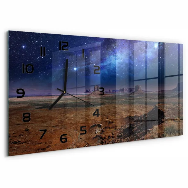 TULUP Wandklok - Sterrenhemel Glazen Klok Met Print - 60x30 cm - Blauw Wandklok Glas Met Motief - Zwarte handen - Rechthoekige Klok - Wandklok Glas Decoratie - Gekleurde Glazen Klok