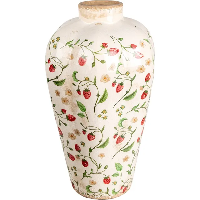 Clayre & Eef Vaas Ø 24x40 cm Beige Rood Keramiek Aardbeien