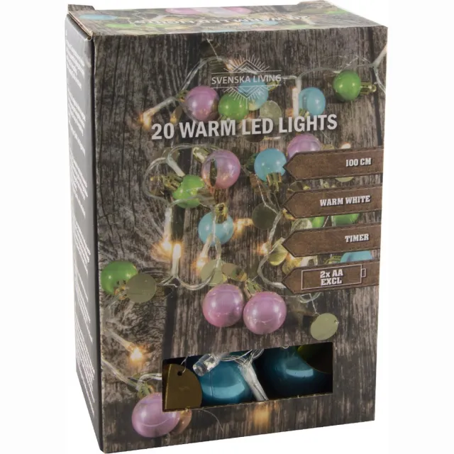 Svenska Living lichtsnoer - 20 gekleurde kerstballen - warm wit - 120 cm