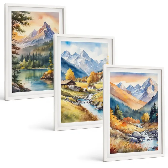 TULUP 3-Delige Schilderij Set - Berglandschap met een rivier en huisjes in herfstkleuren. - 40x60 - Stijlvolle Wanddecoratie - Interieur - Moderne Wanddecoratie Witte lijst