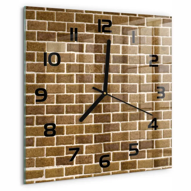 TULUP Wandklok - Bakstenen muur Wandklok Glas Decoratie - 30x30 cm - Bruin Gekleurde Glazen Klok - Zwarte handen - Vierkante Klok - Klok Glas Met Opdruk - Moderne Wandklok Glas