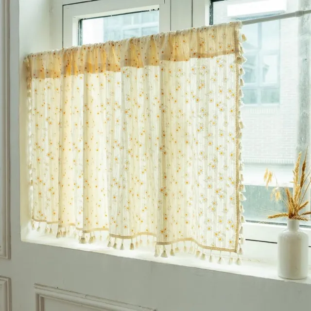KZQ Gordijnen - Bovengordijn/kort gordijn - Met kwastjes - Keukengordijn - 140 x 100 cm - Geschikt voor keukens, cafés, slaapkamers, kasten en deuropeningen - Bloemenmotief