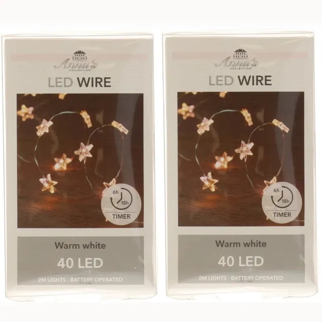 Anna's Collection Draadverlichting lichtsnoer - 2x - 40 sterren - lampjes - led - warm wit - 200 cm - lichtdraad