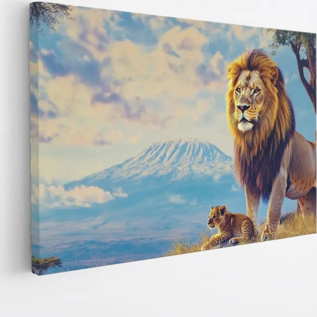 Saammp Canvas Schilderij - Leeuw met welp en kilimanjaro - Dieren - Abstract - 70x50 - Foto op canvas - Wanddecoratie - Muurdecoratie Woonkamer - Slaapkamer decoratie - Canvas Print Multicolor