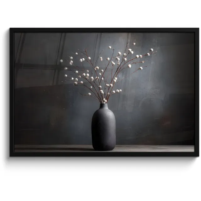 FrameYourWall Poster in lijst - Fotolijst 90x60 cm - Posters - Takken - Vaas - Bolletjes - Wit - Posterlijst zwart - Decoratie - Wanddecoratie woonkamer - Muurdecoratie slaapkamer