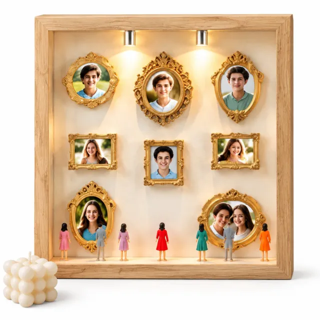 SWGOTA Naturelkleurige MDF displaylijst, binnenmaat 17,8 x 17,8 x 3 cm, met 8 miniatuurlijsten, 8 willekeurige figuurtjes en 2 lampjes