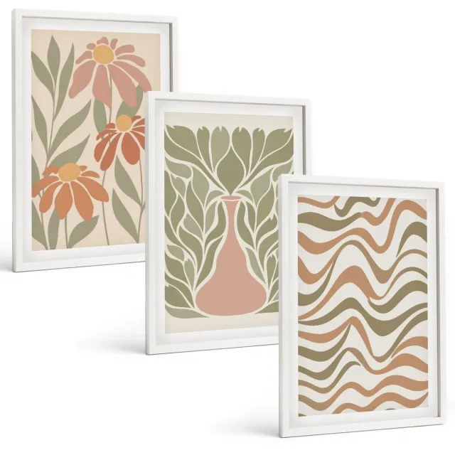 Coloray 3-Delige Schilderij Set - Pastelkleurige Bloemenillustraties Met Golvende Abstracte Lijnen - 40 x 60 - Muurdecoratie - Decoratieve Schilderijen - Wohnzimmer Witte lijst