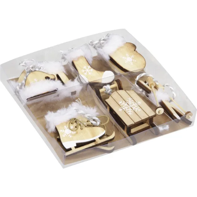 Othmar Decorations 6x stuks houten kersthangers bruin wintersport thema kerstboomversiering - Kerstversiering kerstornamenten