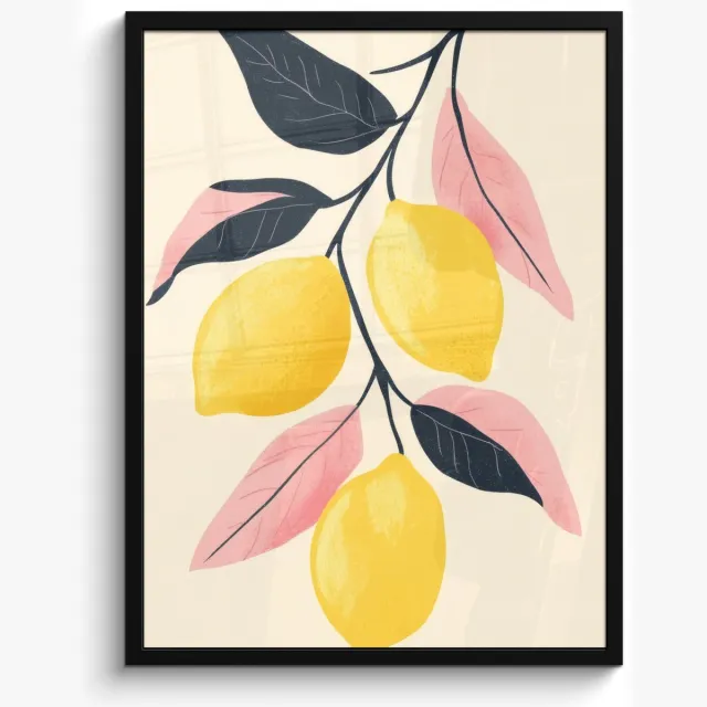 FrameYourWall Poster in lijst - Fotolijst 50x70 cm - Posters - Citroenen - Felgeel - Tak - Bladeren - Posterlijst zwart - Decoratie - Wanddecoratie woonkamer - Muurdecoratie slaapkamer Citroenen - Tak - Bladeren