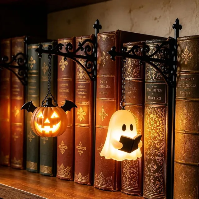 KZQ Boekenplank Lamp - 2 Stuks - Halloween Decoratie - Nachtlamp - Leeslamp - Vintage Lantaarn - Met Spook & Pompoen - Warm LED Licht - Op Batterijen - Voor Boekenkast Slaapkamer - Zwart