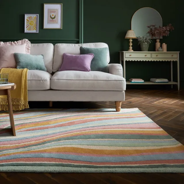 flycarpets Laagpolig Abstract Flow Wollen Vloerkleed Roze / Groen 160x230 cm