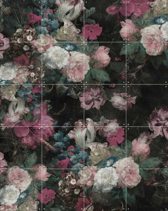 IXXI Moody Baroque Florals, Bloomery Decor - 80 x 100 cm - Grote wanddecoratie en posters - Klassiek, Vintage, Woonkamer, Eetkamer, Slaapkamer Donkere tinten / Roze