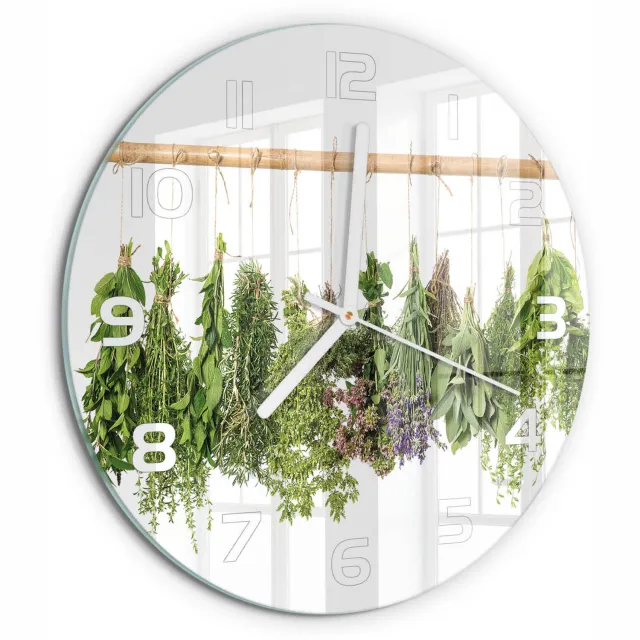 TULUP Wandklok - Kruiden aan een touwtje Decoratieve Glazen Klok - fi30 cm - Groente Glazen Wandklok Design - Witte handen - Ronde Klok - Glazen Klok Met Print - Wandklok Glas Met Motief