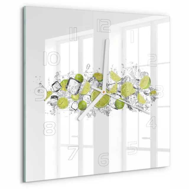 TULUP Wandklok - Limoenijsblokjes Wandklok Glas Decoratie - 30x30 cm - Groente Gekleurde Glazen Klok - Witte handen - Vierkante Klok - Klok Glas Met Opdruk - Moderne Wandklok Glas