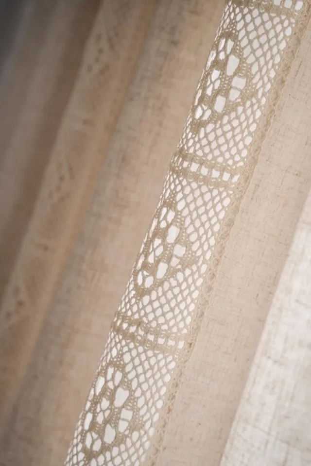 Floraweg Boho gordijn haakjes kanten patchwork semi-blackout bohemian handgemaakte kwastjes, staaf pocket raambehandeling vintage rustieke boerderij gordijnen voor woonslaapkamer, 59 "W x 63"L(150X220cm)-beige Beigepatch