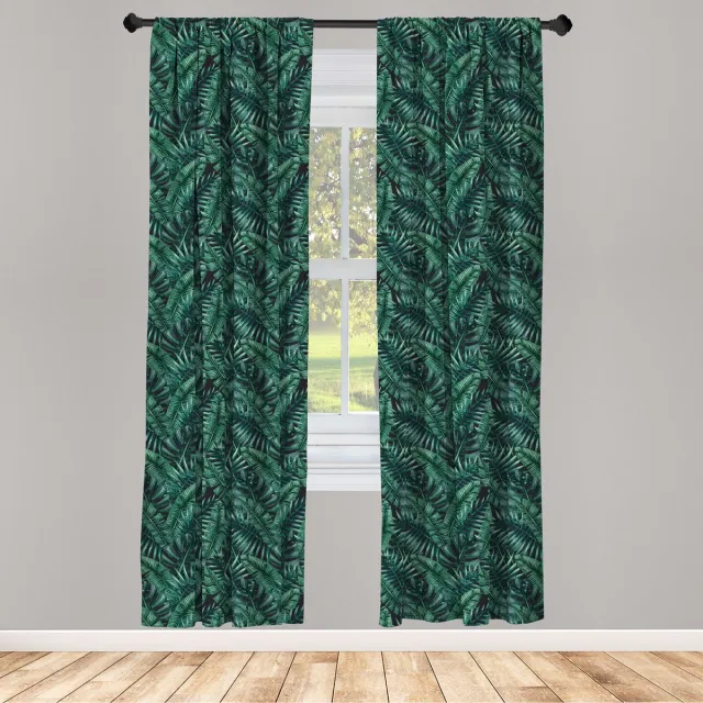 ABAKUHAUS Palmblad Voorhangen – 2-delige paneelset 75×245 cm – Microfaser, Donker Groen/Zwart Donkergroen Zwart