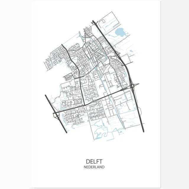 De Lange Koe Poster - Delft Plattegrond - 42 X 29.7 Cm - Wit