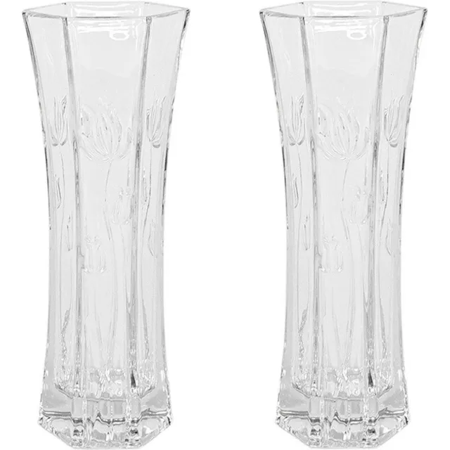 Gerimport Set van 2x stuks bloemenvazen van ornament glas 29 x 11 cm - Glas in mooi motief voor bloemen en boeketten tot 60 cm Transparant