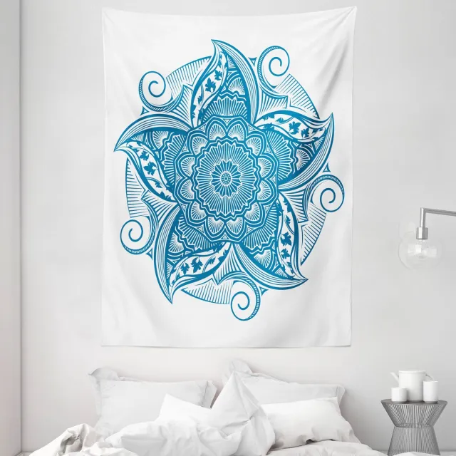 ABAKUHAUS Blauw Mandala Tapijt, Wilde Staarten Blaadjes, Woonkamer Slaapkamer Wanddoek Zijdezacht Satijn Wandtapijt, 150 x 200 cm, Zeeblauw Wit