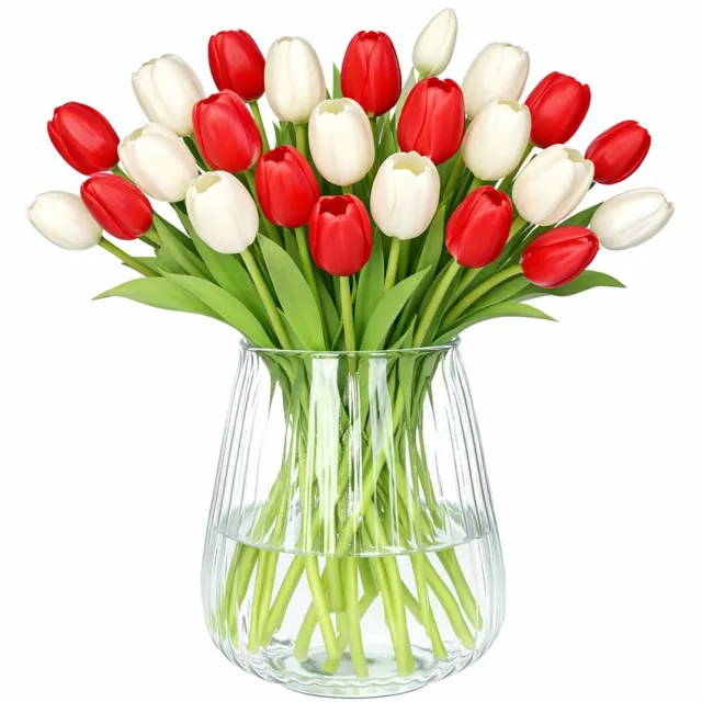 Bellatio Design Kunst tulpen boeket mix Bella - 24x stuks - rood / wit - real touch - 40 cm