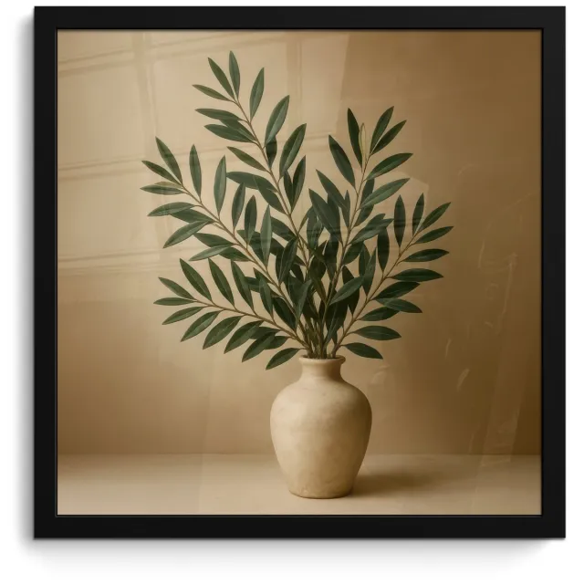FrameYourWall Poster in lijst - Fotolijst 40x40 cm - Posters - Vaas - Olijftakken - Bladeren - Beige - Posterlijst zwart - Decoratie - Wanddecoratie woonkamer - Muurdecoratie slaapkamer