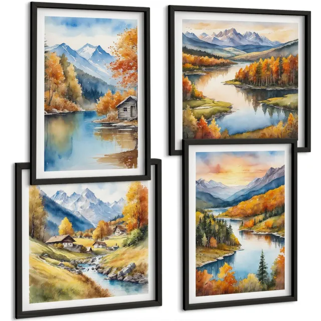 Coloray 4-Delige Schilderij Set - Herfstlandschap In De Bergen Met Een Rivier En Een Huisje Aan Het Water. - 40 x 40 cm En 40 x 60 cm - Decoratieve Schilderijen - Woonkamer - Interieur - Woonkamer Decoratie Zwarte lijst