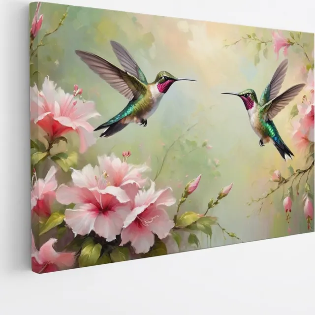 Saammp Canvas Schilderij - Abstracte Kolibries - Dieren - Bloemen - 40x30 - Foto op canvas - Wanddecoratie - muurdecoratie Woonkamer - Slaapkamer decoratie - Canvas Print Multicolor