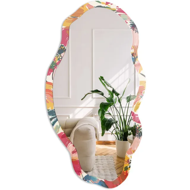 Coloray Bloemenpatroon Spiegel - Geel Elegante Rechthoekige Wandspiegel - Organische Spiegel - Woonkamer - Schilderachtig - 45x90 cm - Totale afmeting 52x97 cm Bloemenpatroon, Geel