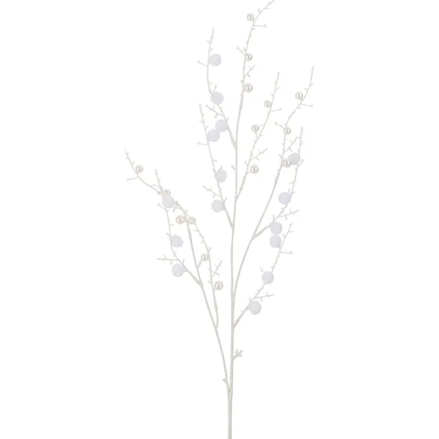 J-Line decoratie Tak Pompons + Parels - kunststof - wit - 12 stuks