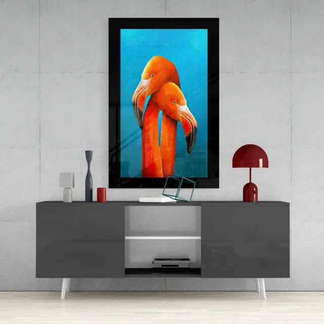 Insigne Art Glasschilderij – Verstrengelde Halzen van Twee Flamingo's in Turquoise – Decoratieve Kunst aan de Muur Meerkleurig