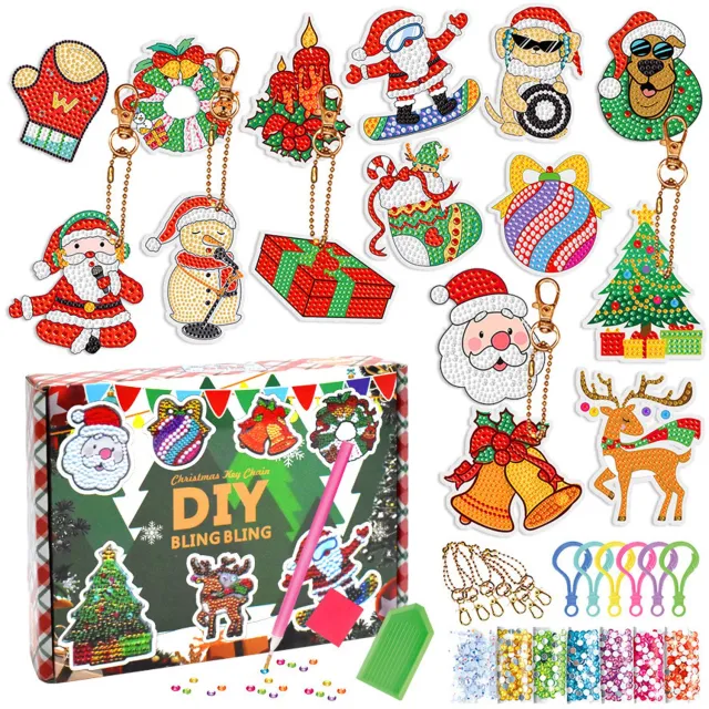 SNQ Adventskalender – Kerst Diamond Painting Sleutelhanger – 15 Stuks – DIY Pakket – Xmas Hangende Ornamenten – Kerst verrassingsdoos diamant schilderij – Sleutelhangerhanger - Hanger met strass-steentjes