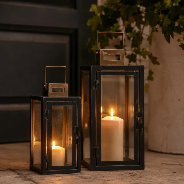 Deco by Boltze Windlicht Lantaarn Elagio - 2x stuks - zwart - 16 x 35 / 12 x 25 cm - metaal