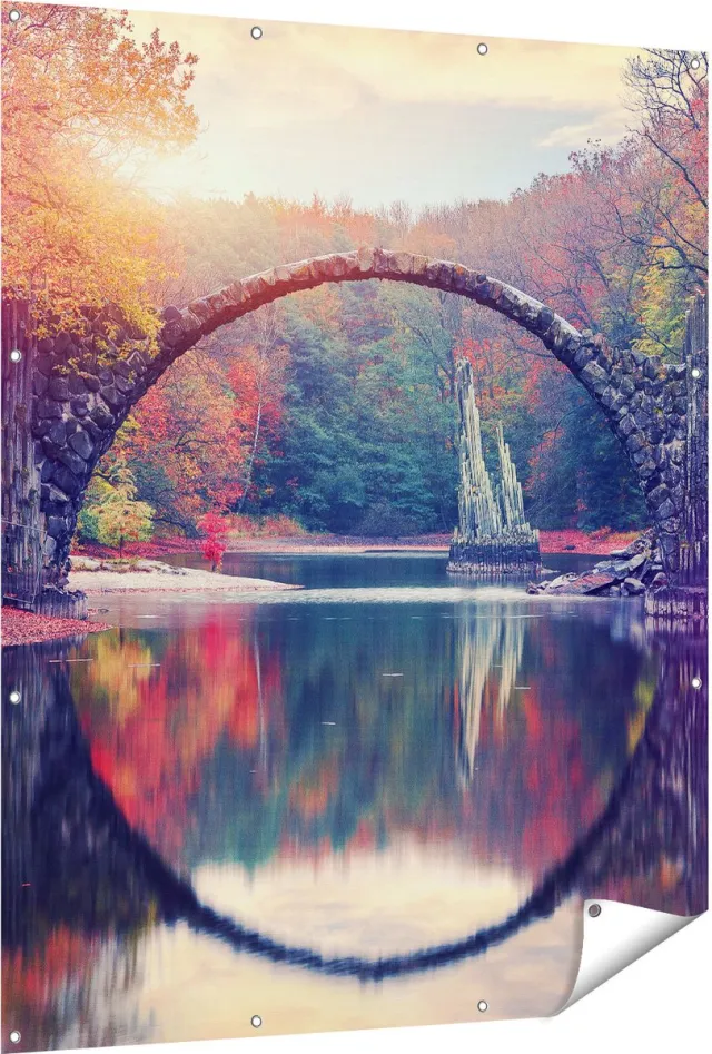 Gards Tuinposter Rakotz Brug in Duitsland in de Herfst - 120x150 cm - Tuindoek - Tuindecoratie - Wanddecoratie buiten - Tuinschilderij Multikleur