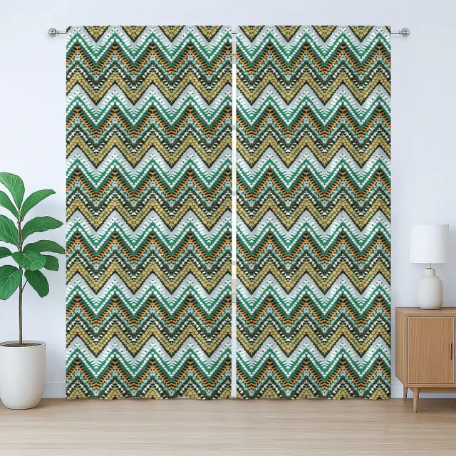 ABAKUHAUS Etnisch rustiek gordijn, boho zigzaglijnen, slaapkamergordijn met plooien, lussen en haken, 280 x 245 cm, turquoise groen geel
