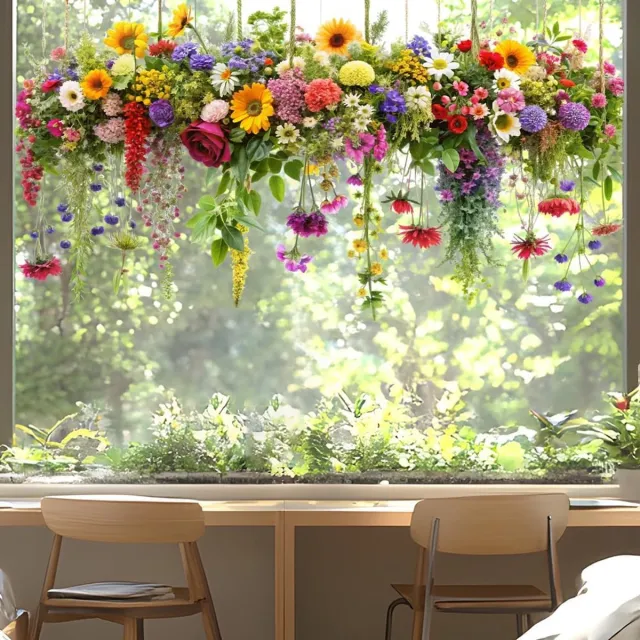 SNQ 1 Raamsticker - Bloem Boeket Raamstickers - Kleurrijke Raamfolie - Bloemmotief voor Glas - Zelfklevende Raamdecoratie - Geschikt voor Keuken, Badkamer en Kantoor - Verwijderbaar en Herbruikbaar - Zonwerend kleurrijk