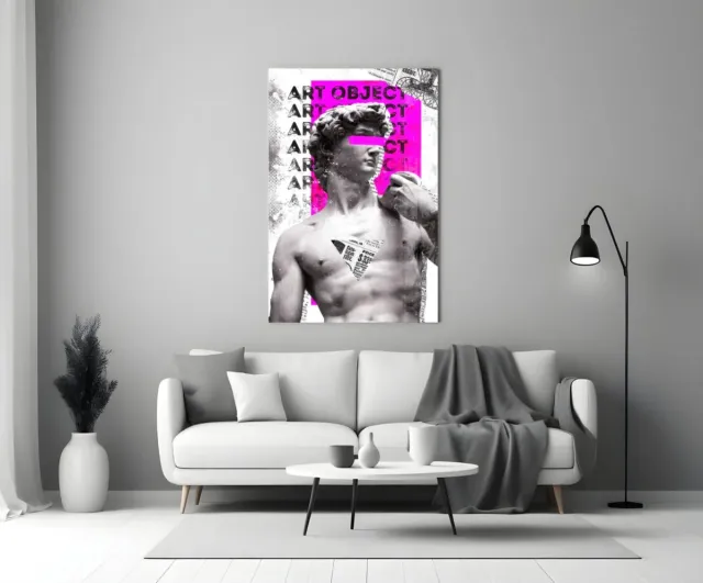 Insigne Art Glasschilderij – David met Roze Veeg – Moderne Street Art – Abstracte Klassieke Kunst - 110x70 cm
